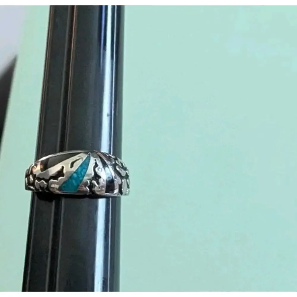 Vtg COP Silver Tone Inlay Ring Faux Turquoise Black Onyx Mens 12.5 Southwestern